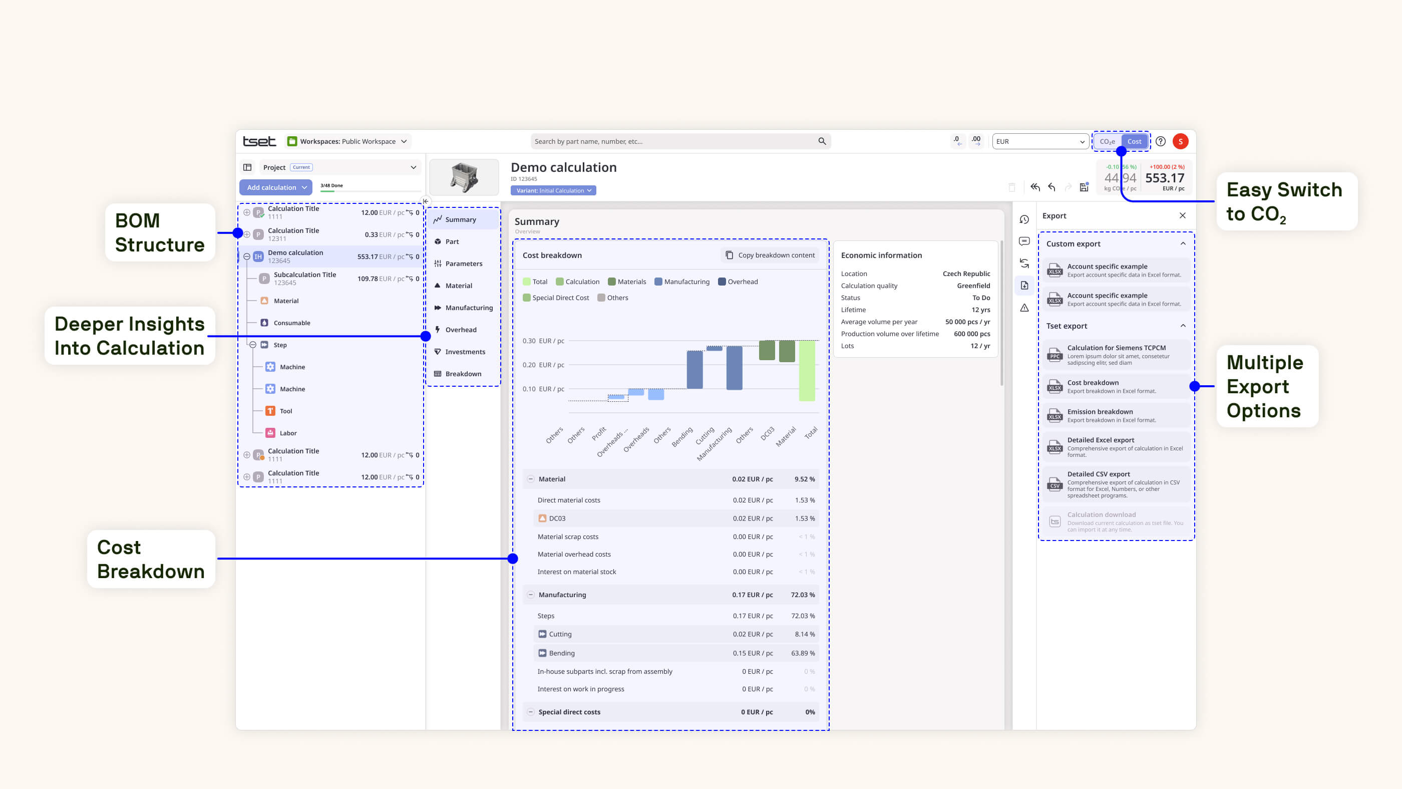 Tset product costing software features