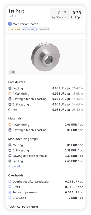 Screenshot of a detailed part cost and CO₂ breakdown in Tset software, including individual cost drivers, materials, manufacturing steps, and overheads.