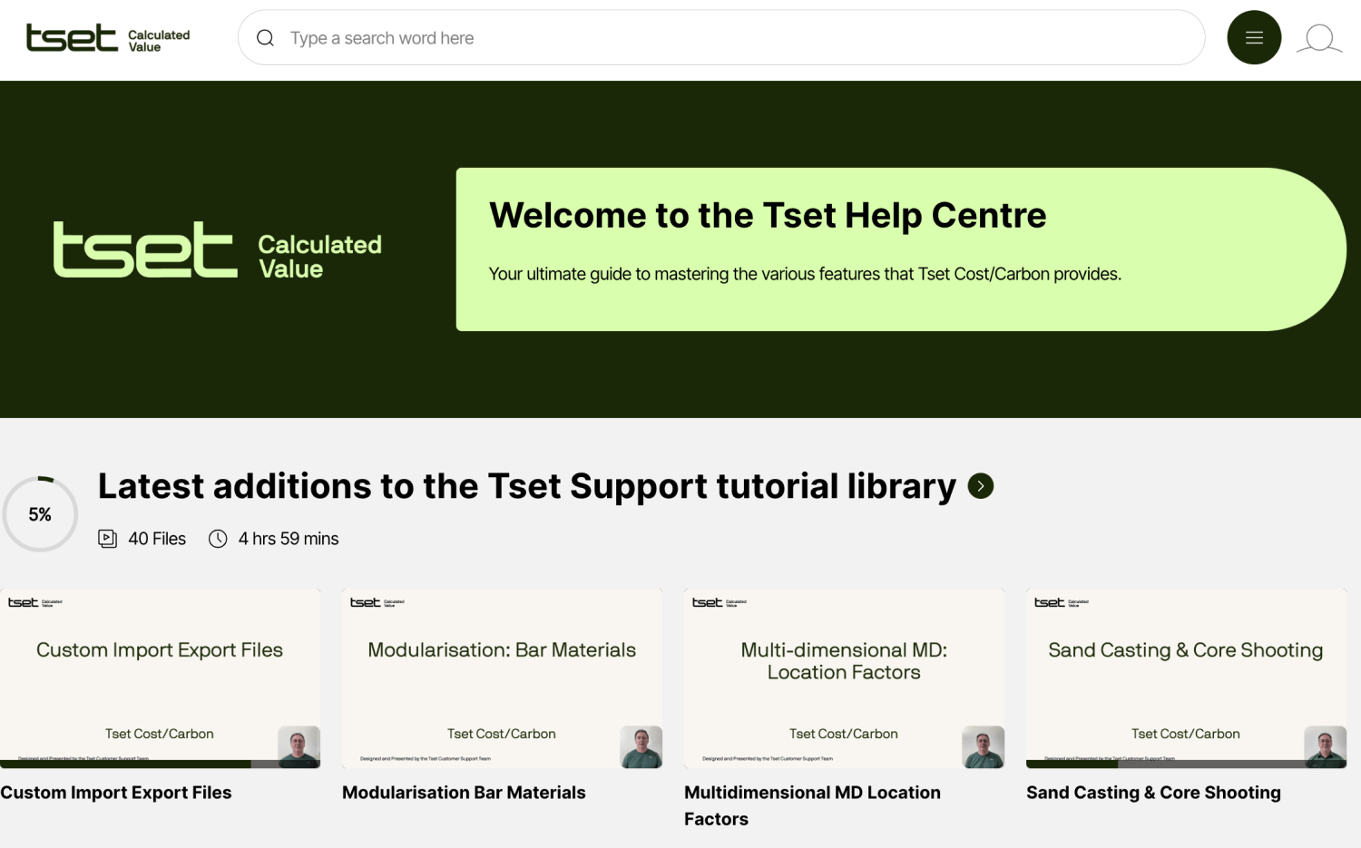 Screenshot of the Tset Help Centre with tutorial resources and a user-friendly support dashboard.