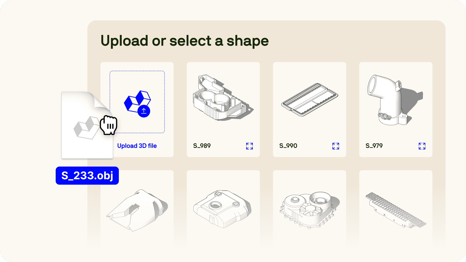 Tset-Software-Schnittstelle zum Hochladen einer 3D-CAD-Datei oder zur Auswahl einer ähnlichen Teileform, um eine automatische Kostenberechnung zu starten. Tset-Software-Schnittstelle zum Hochladen einer 3D-CAD-Datei oder zur Auswahl einer ähnlichen Teileform, um eine automatische Kostenberechnung zu starten.