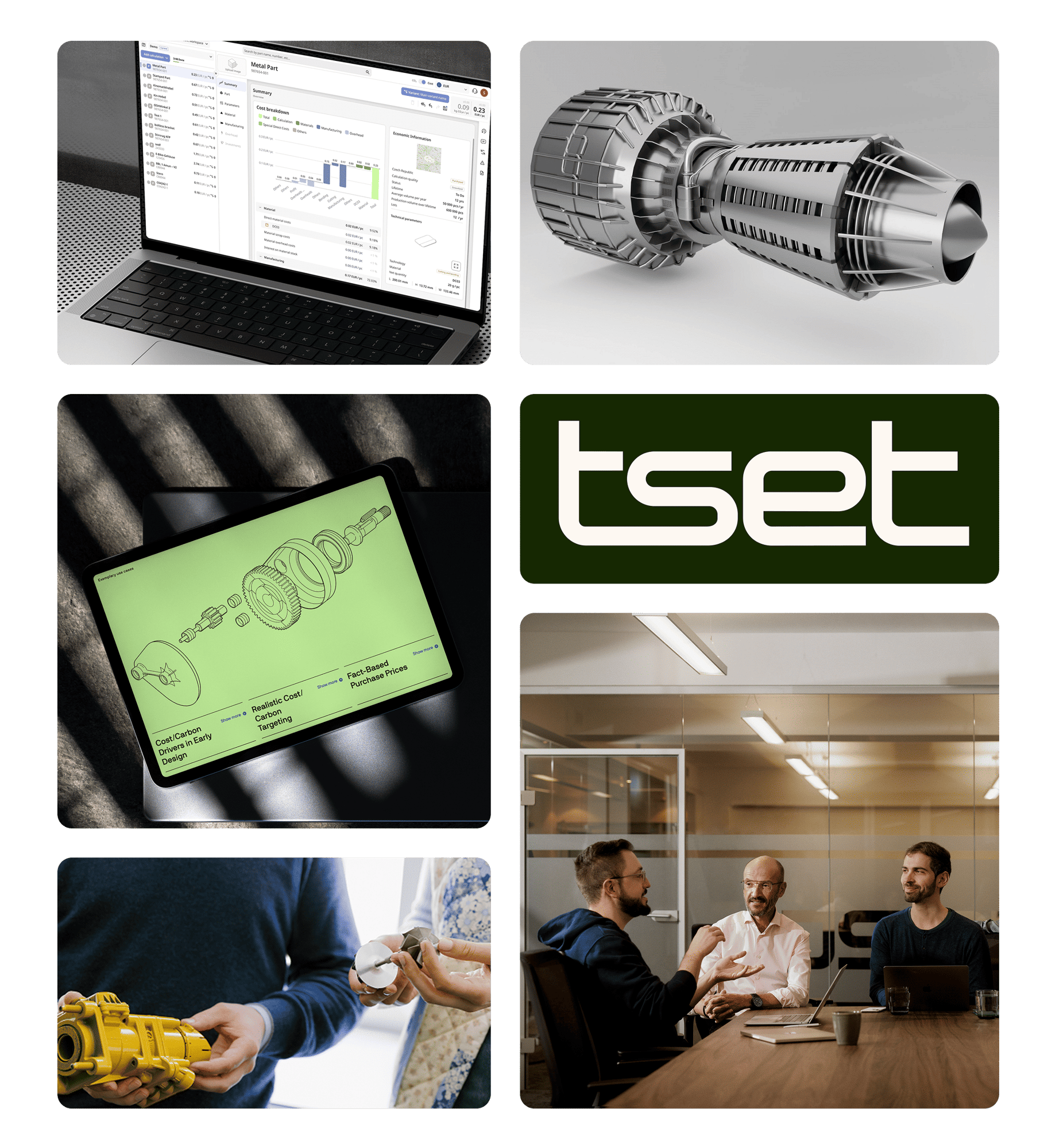Visual collage showcasing Tset’s product costing software interface, 3D CAD model of a turbine, cost breakdown on tablet, Tset logo, and team collaboration scenes – illustrating digital cost analysis and supplier interaction in manufacturing. Visual collage showcasing Tset’s product costing software interface, 3D CAD model of a turbine, cost breakdown on tablet, Tset logo, and team collaboration scenes – illustrating digital cost analysis and supplier interaction in manufacturing.