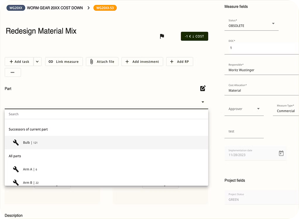Tset interface showing a cost-saving measure with part replacement options and project details. Tset interface showing a cost-saving measure with part replacement options and project details.