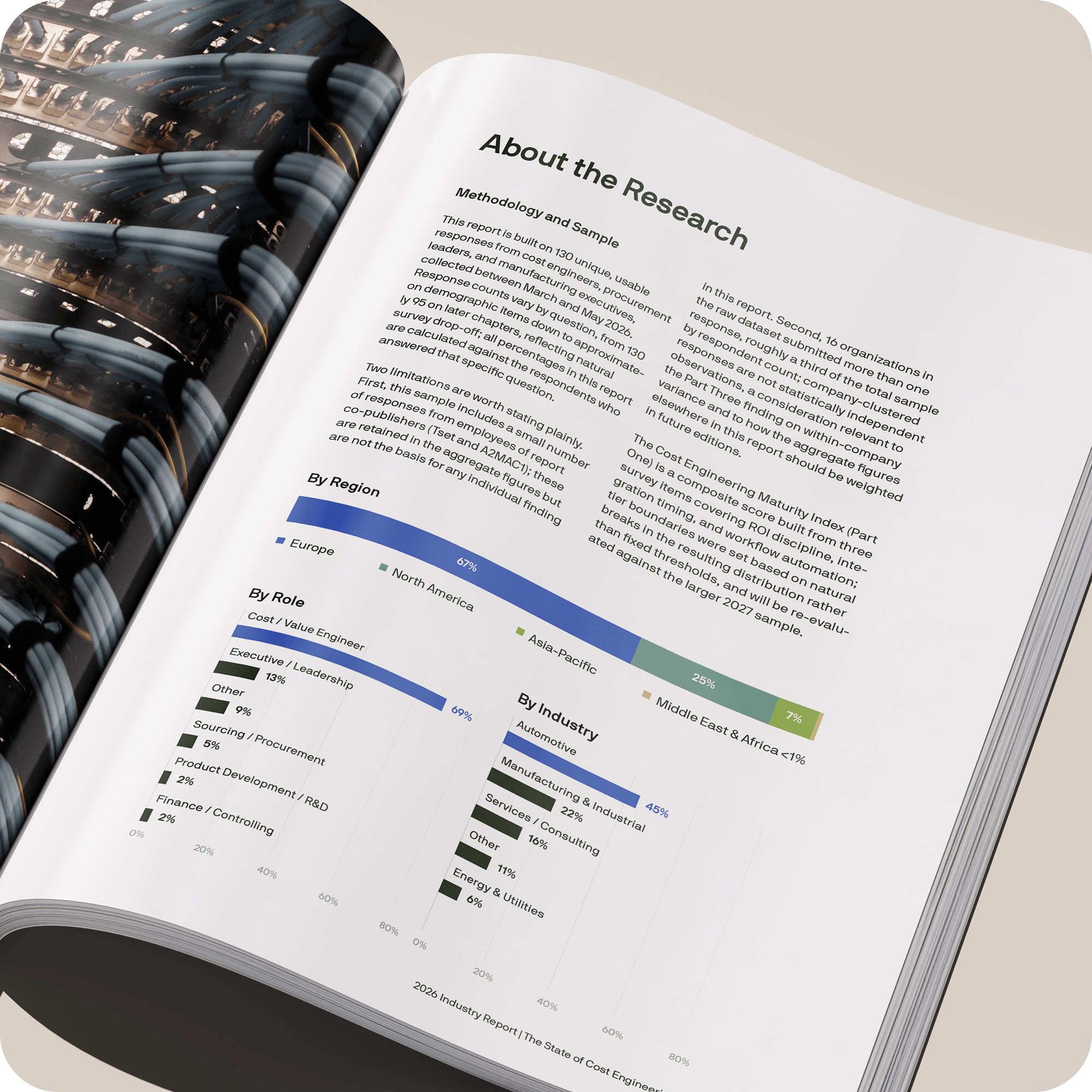 The report "State of Cost Engineering" laying on the desk, open on the page "About the research" The report "State of Cost Engineering" laying on the desk, open on the page "About the research"