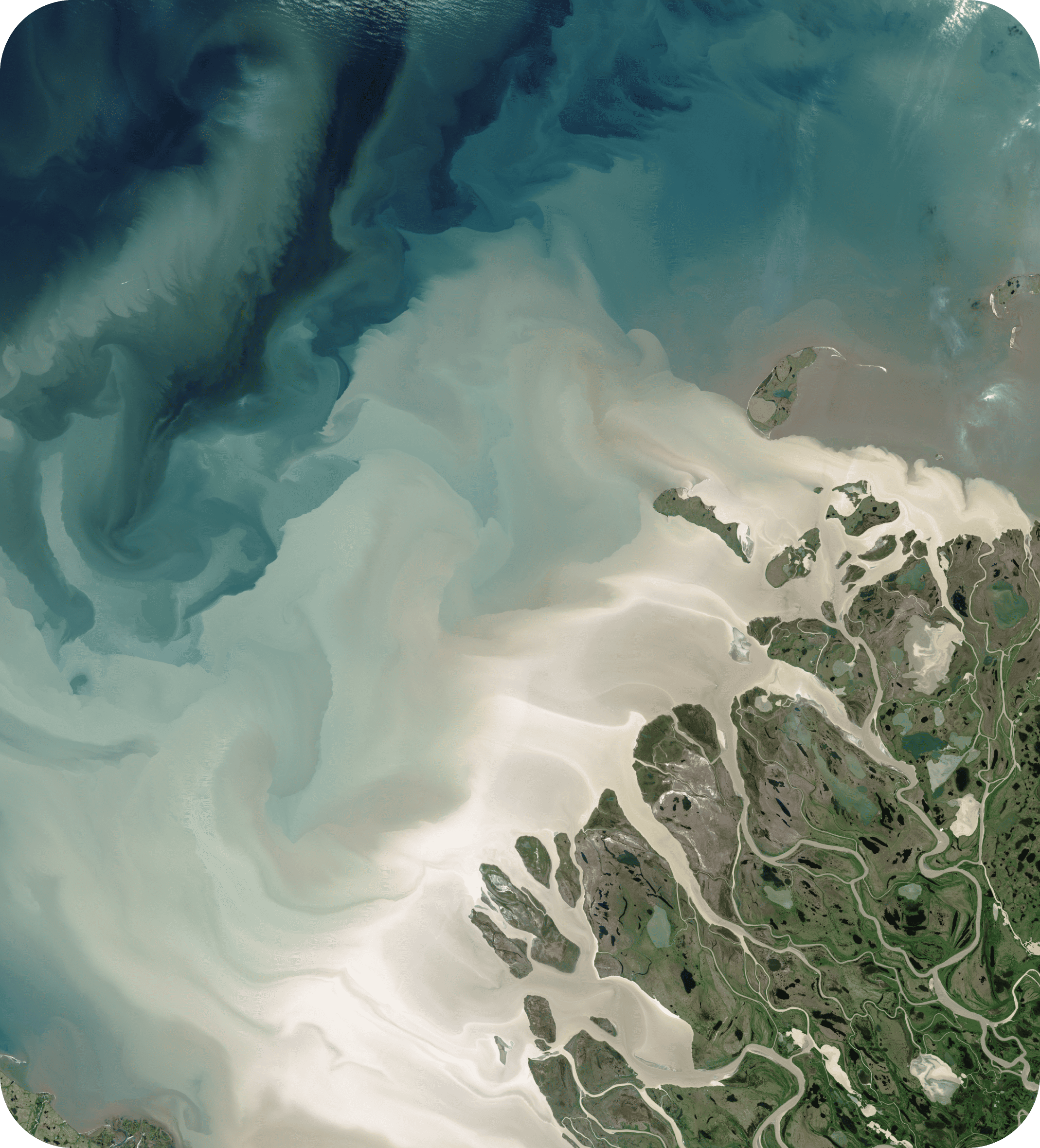Aerial satellite image showing a coastal estuary with sediment-rich waters and river deltas, illustrating natural resource and environmental data mapping