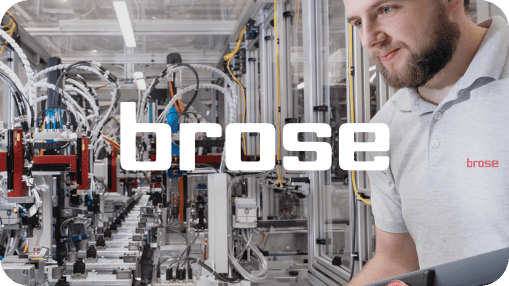 Brose employee working on an advanced automotive production line with Brose logo overlay.