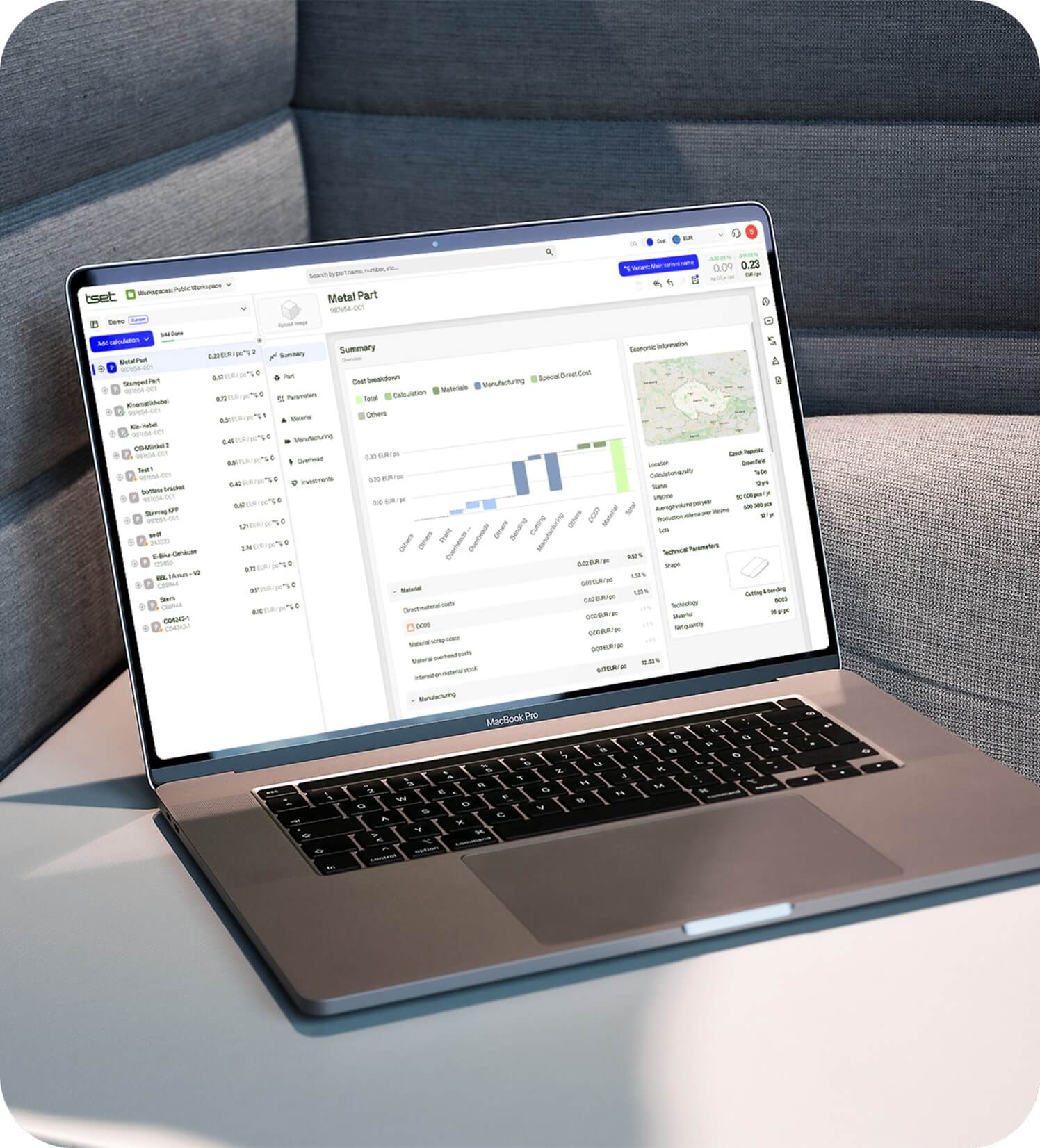 Laptop displaying Tset’s product costing software with a detailed cost breakdown and part information on screen.