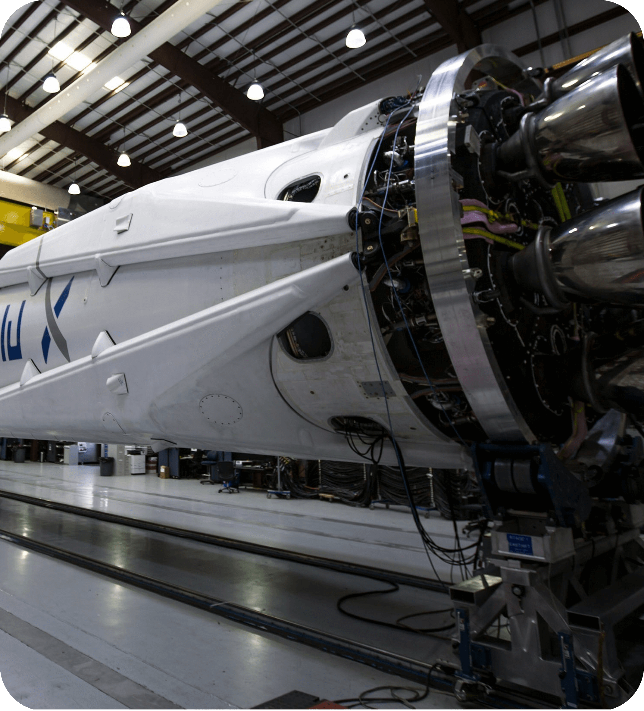 Rocket engine and fuselage in an aerospace manufacturing facility