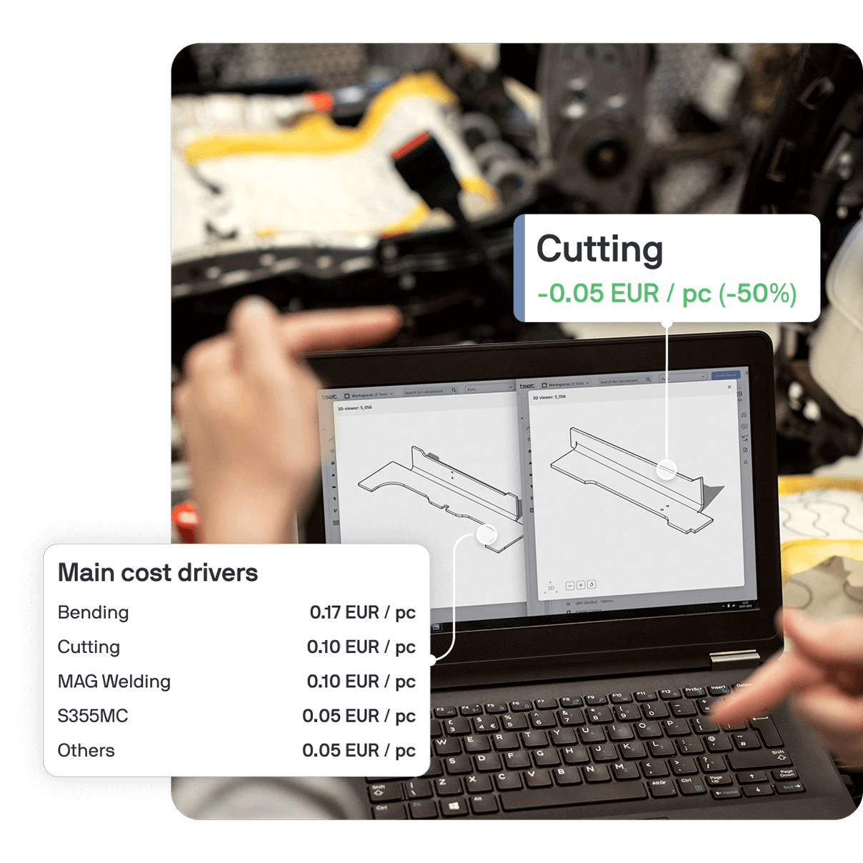Tset software interface showing cost driver analysis for a metal part, helping identify savings on operations like cutting and bending.