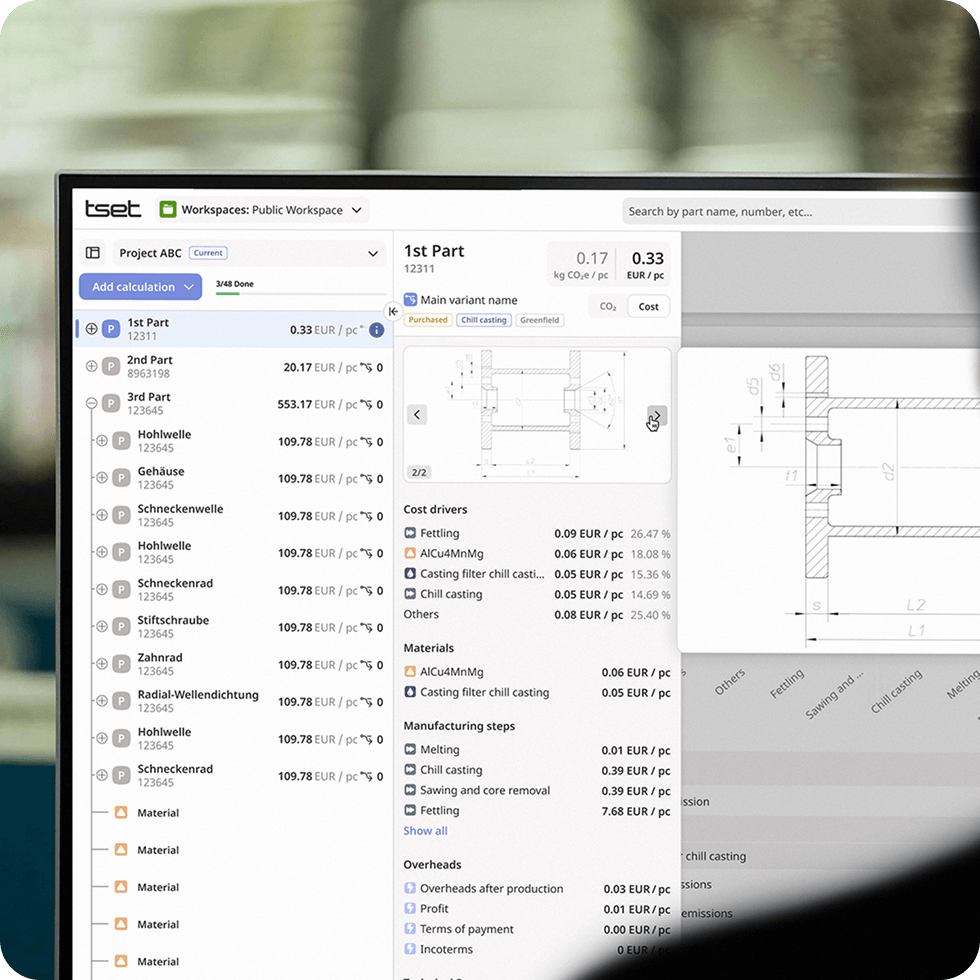 Tset software interface showing a detailed cost breakdown for a part, helping engineering teams identify cost drivers and improve project profitability. Tset software interface showing a detailed cost breakdown for a part, helping engineering teams identify cost drivers and improve project profitability.