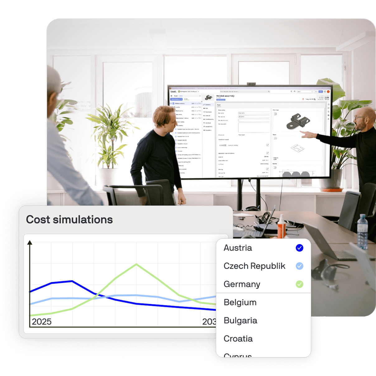 Engineers analyzing cost simulations across countries using Tset to improve transparency and control for global sourcing strategies.