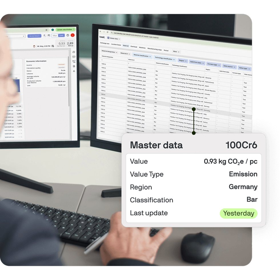 Tset user reviewing updated CO₂ master data for a material, highlighting the role of accurate emission values in product cost and carbon analysis. Tset user reviewing updated CO₂ master data for a material, highlighting the role of accurate emission values in product cost and carbon analysis.