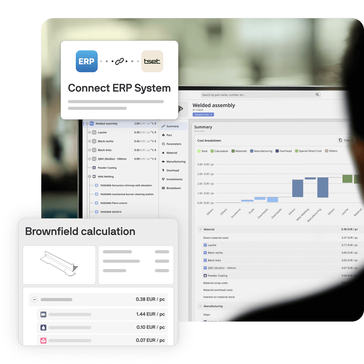 Overview of Tset quoting capabilities showing ERP integration and brownfield cost calculation to streamline manufacturing cost analysis.