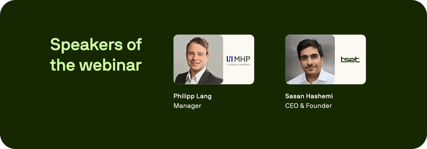 Portraits of Philipp Lang, Manager at MHP – A Porsche Company, and Sasan Hashemi, CEO & Founder of Tset, titled Portraits of Philipp Lang, Manager at MHP – A Porsche Company, and Sasan Hashemi, CEO & Founder of Tset, titled