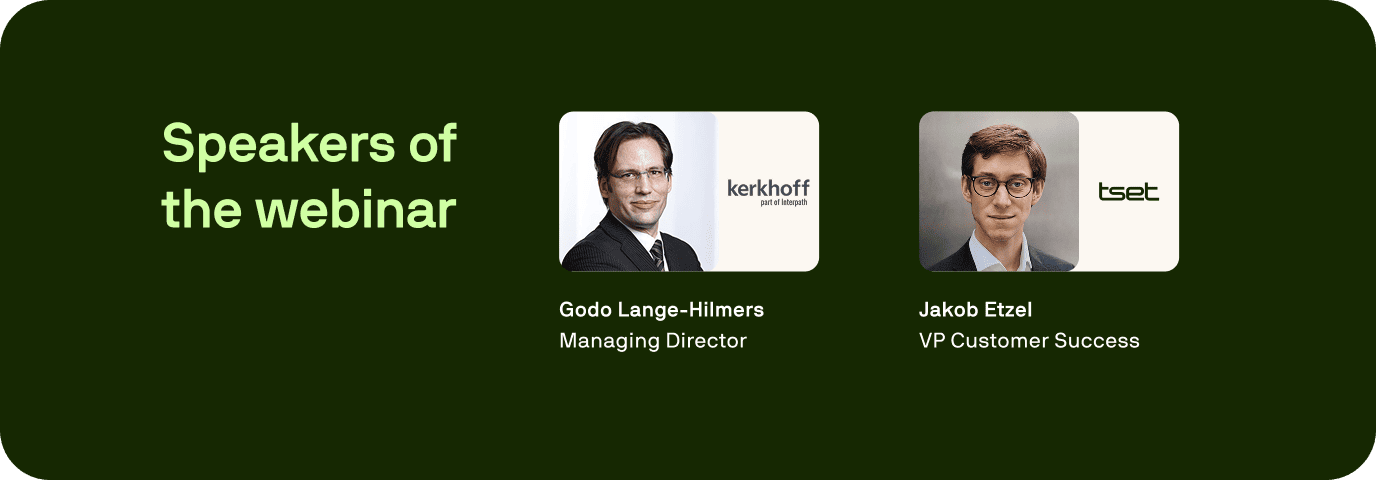 Webinar speakers Godo Lange-Hilmers, Managing Director at Kerkhoff, and Jakob Etzel, VP Customer Success at Tset, discussing master data and product costing strategies.