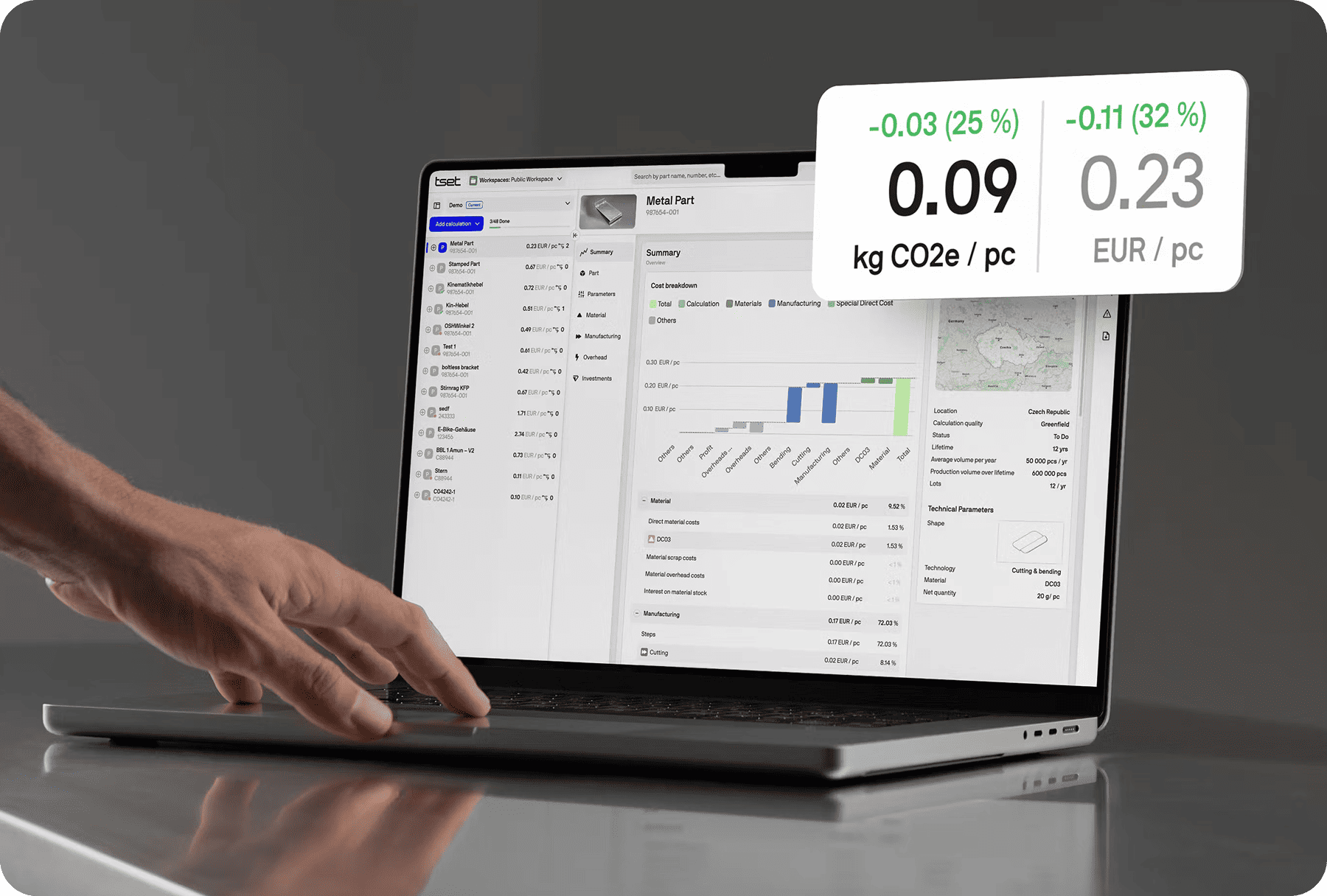 Tset’s cost engineering software interface with live Scope 3 upstream CO₂ and cost breakdown—enabling real-time product cost and carbon calculation.