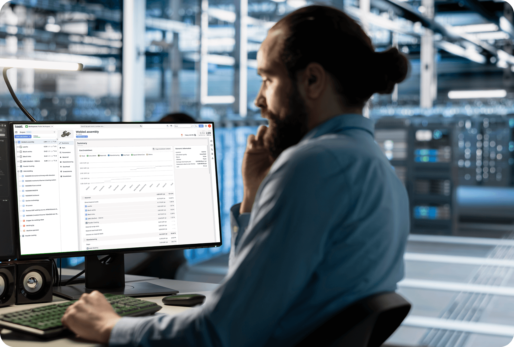 A person sitting in front of a computer screen showing Tset product costing software
