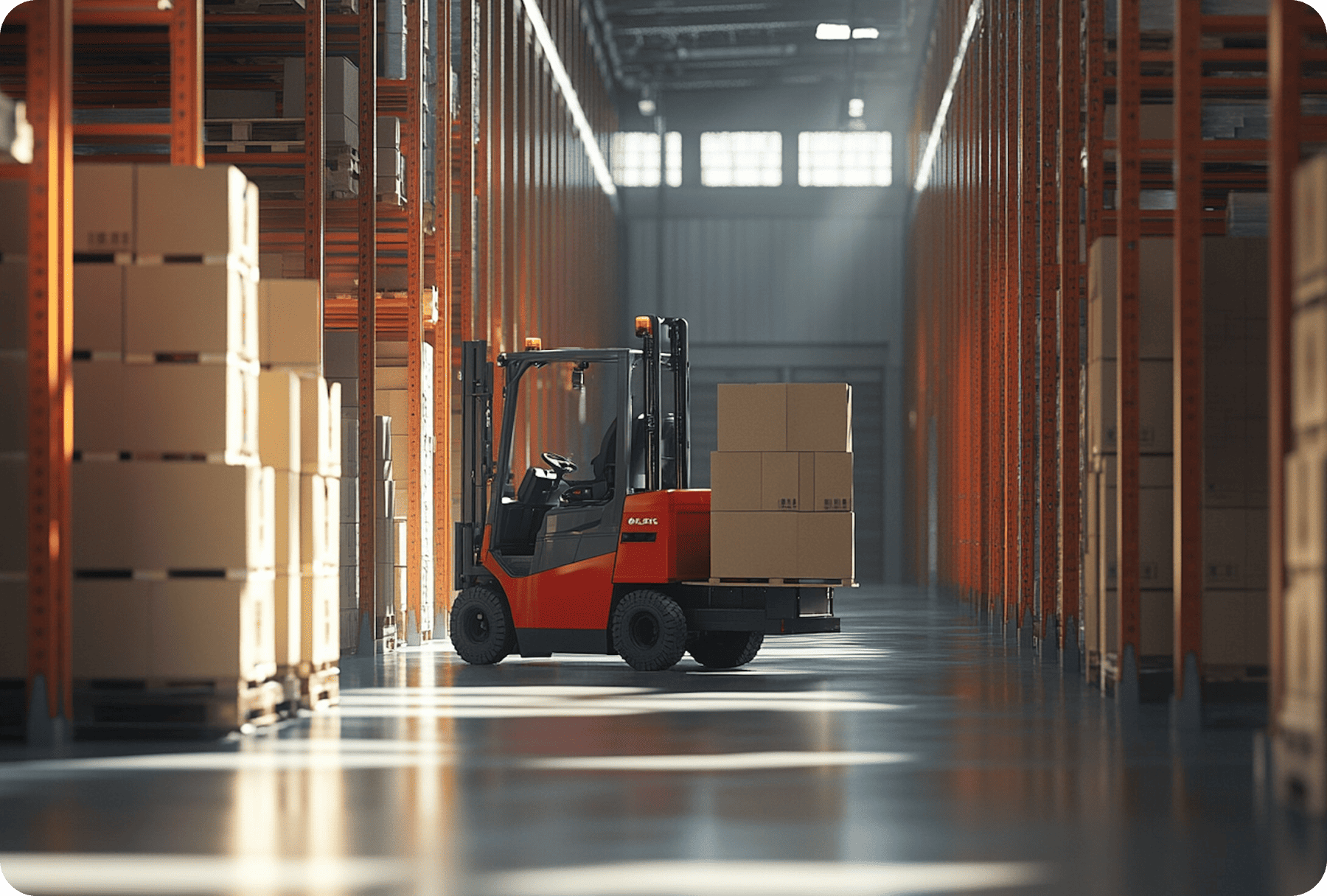 Warehouse forklift navigating supply chain logistics—symbolizing procurement decisions informed by Tset’s product cost management and Scope 3 tracking tools.