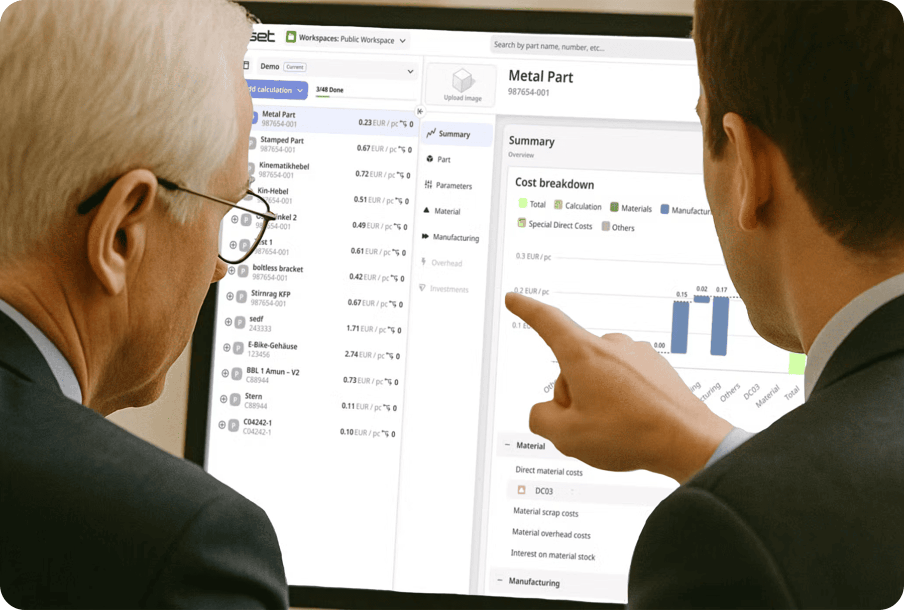 Cost engineers reviewing product cost analysis using Tset’s product cost software for transparent cost breakdowns.