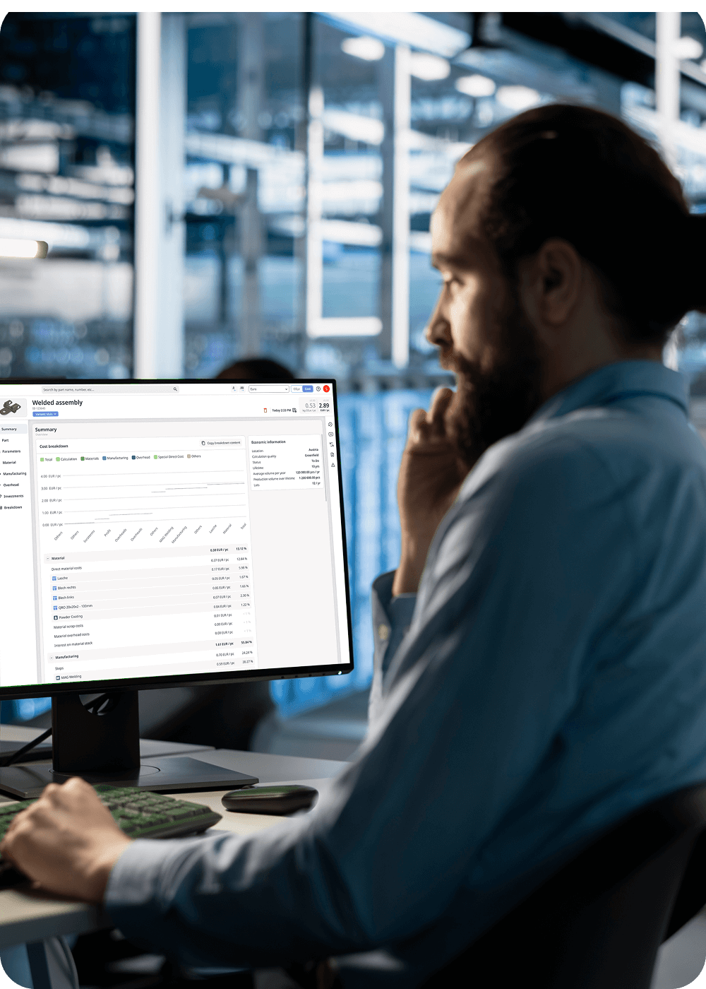 A person sitting in front of a computer screen showing Tset product costing software